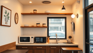 Interior kafe modern yang nyaman dengan peralatan masak kompak dan dekorasi minimalis, menciptakan suasana yang trendi dan mengundang tanpa staf dapur profesional.