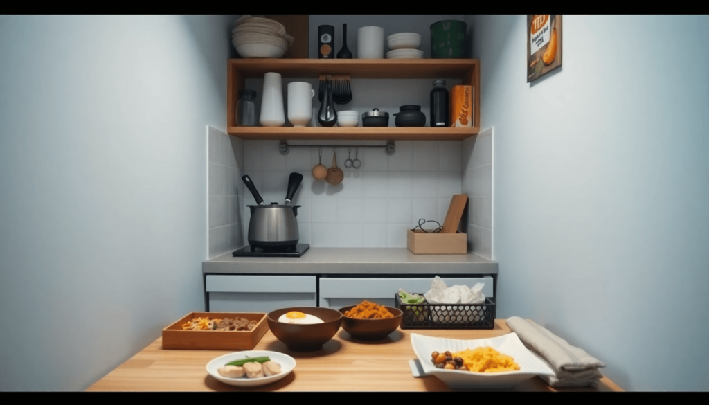 Sudut dapur asrama yang nyaman dengan kompor kompak, peralatan sederhana, dan makanan kemasan di meja, menampilkan kenyamanan dan memasak yang ramah anggaran.