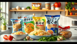 Dapur yang cerah dengan paket makanan instan, sayuran segar, dan rempah-rempah, menonjolkan masakan kreatif dan peningkatan buatan rumah dalam suasana yang hangat dan mengundang.