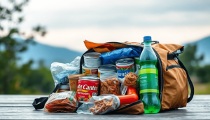 Buka tas darurat yang menampilkan makanan kaleng, mie instan, buah kering, dan air kemasan dalam suasana tenang di luar ruangan yang melambangkan kesiapan.