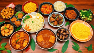 Seb spread yang berwarna-warni dari hidangan tradisional Indonesia seperti rendang dan rawon di atas meja kayu, dikelilingi oleh rempah-rempah dan herba segar, menunjukkan warisan kuliner yang kaya.