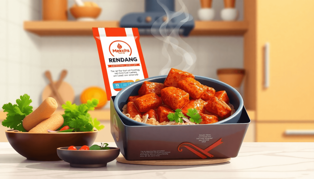 A vibrant digital art illustration of a modern ready-to-eat Rendang dish, styled with sleek packaging and contemporary design elements, appealing to millennial food lovers, infused with warm spices and rich textures, set against a minimalist kitchen backdrop, innovative culinary concept..