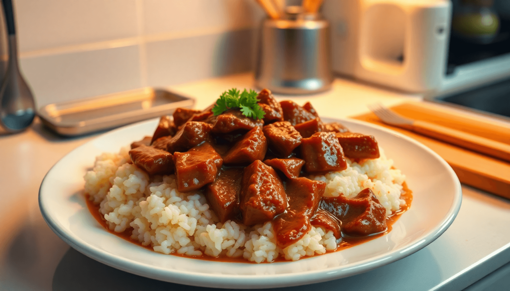 A beautifully plated serving of Rendang, rich and aromatic, styled as ready-to-eat convenience food, set on a compact kitchen counter with minimal utensils and warm lighting, realistic digital art style, emphasizing small kitchen space and time-saving cooking..