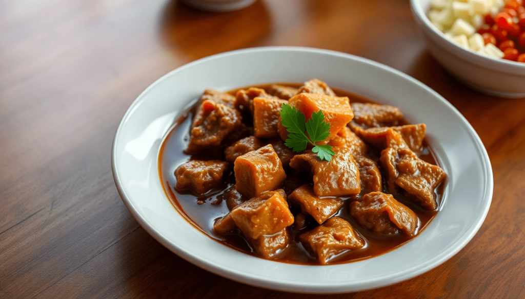 A beautifully plated serving of Rendang, rich and aromatic, presented as a ready-to-eat dish without the need for a professional chef, realistic style with warm lighting and inviting textures..