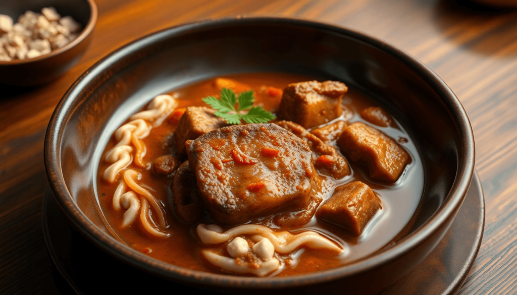 A beautifully styled plate of Rendang, rich with vibrant spices and tender meat, evoking the deep, enduring flavors of Nusantara cuisine, hyper-realistic digital art, warm and inviting atmosphere, intricate texture details, no text..