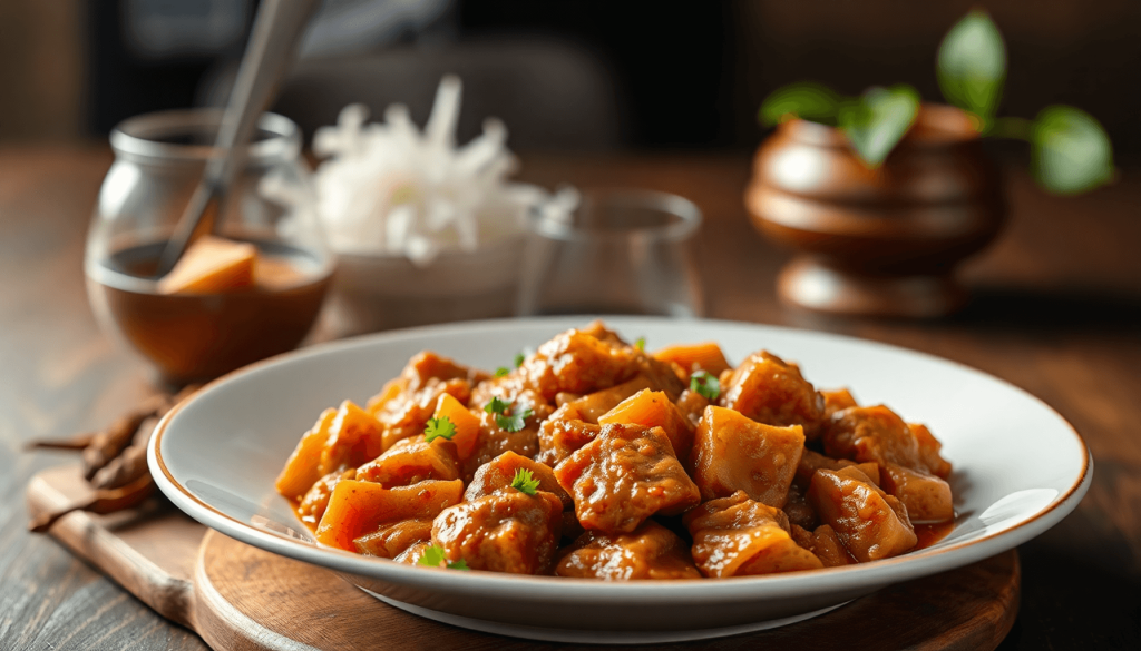 A beautifully arranged plate of Rendang Siap Saji, showcasing rich traditional Indonesian spices and textures, styled as a modern culinary innovation for contemporary business, vibrant digital art with warm lighting and realistic details..