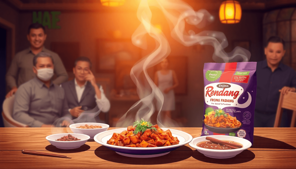 A vibrant digital art illustration depicting the journey of Rendang from Padang to a modern ready-to-eat meal on a dining table, showcasing traditional spices and rich textures blending with contemporary packaging design, warm and inviting atmosphere..