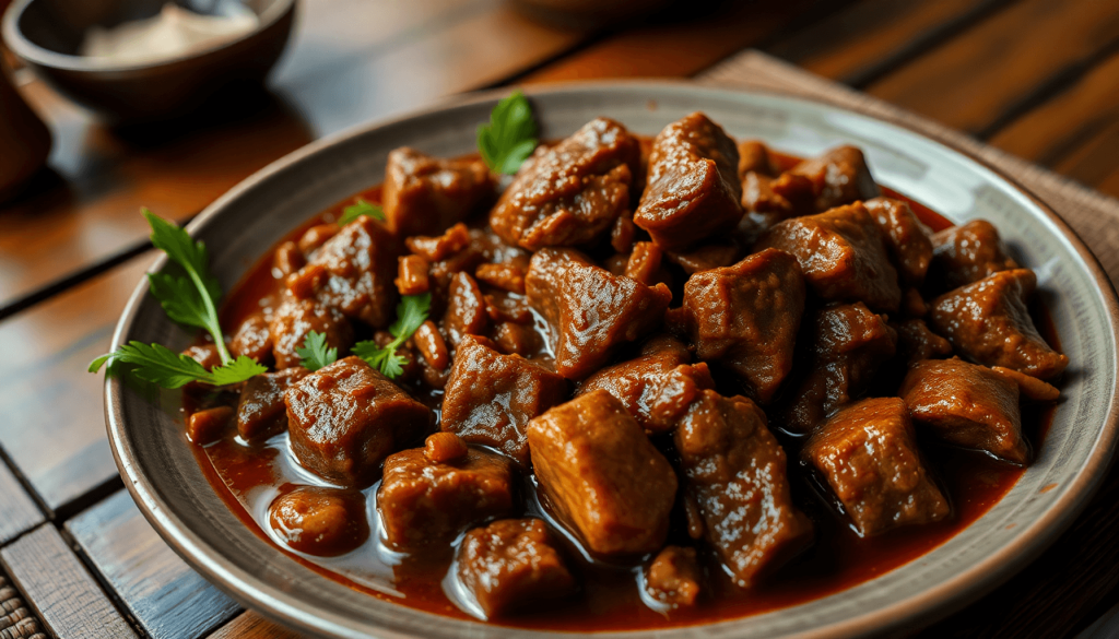 A beautifully arranged plate of Rendang siap saji, rich and tender beef in dark, aromatic spices, served on a traditional Indonesian wooden table setting, warm lighting, realistic style, inviting and homely atmosphere..