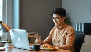 Seorang profesional muda sibuk sedang menikmati rendang siap saji di meja kerja minimalis, suasana hangat dan realistis, gaya digital art yang hidup dan penuh detail..
