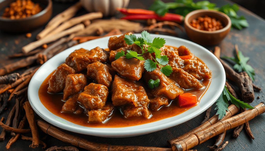 A beautifully arranged plate of Rendang, rich and succulent, surrounded by traditional Indonesian spices and herbs, warm lighting, realistic style, inviting and delicious atmosphere..