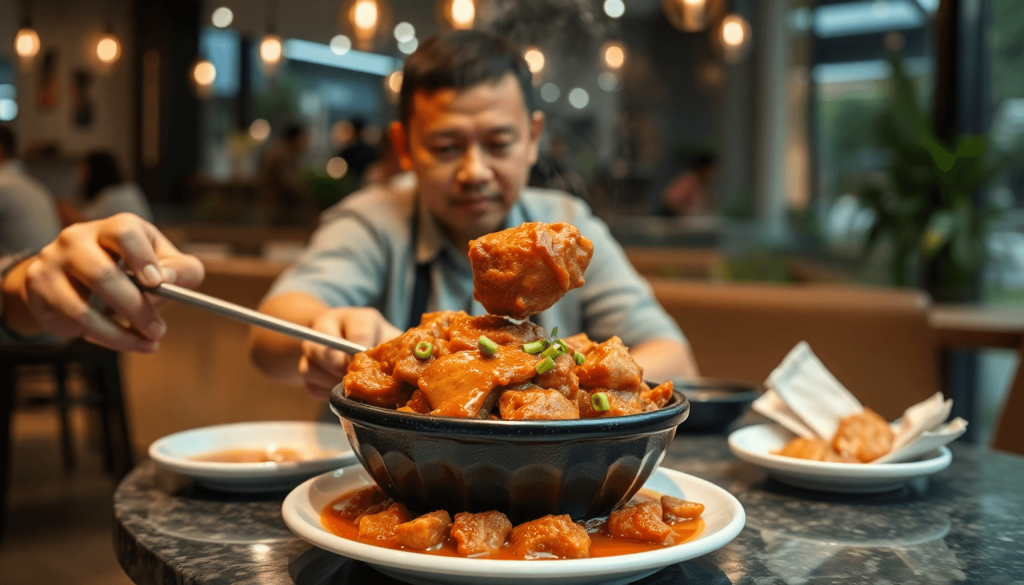 Rendang siap makan disajikan di meja modern, dikelilingi oleh orang-orang yang bergerak cepat dengan gerakan blur dinamis, suasana urban sibuk, realita art style, dengan seseorang sedang menyajikan rendang dengan ekspresi ramah dan hangat..