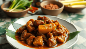 Rendang siap makan tersaji di atas piring tradisional dengan hiasan daun pisang dan rempah-rempah segar di sekitarnya, realita art dengan sentuhan unsur tradisional yang kaya warna dan tekstur autentik..