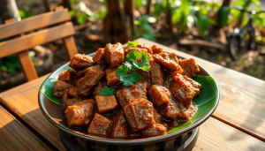 A beautifully arranged plate of Rendang, rich and succulent, set outdoors on a rustic wooden table surrounded by nature, warm natural lighting, vibrant colors, realita art style, emphasizing texture and mouthwatering details, perfect for an active outdoor meal..