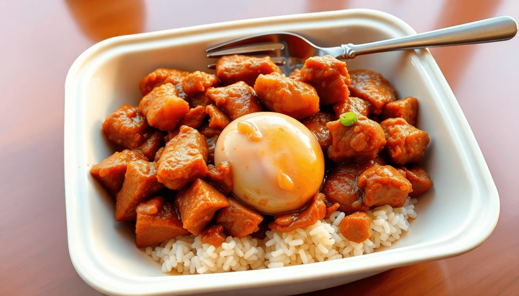 A beautifully arranged plate of Rendang ready to eat, styled as a practical and delicious lunchbox meal, vibrant colors, realistic digital art style, warm natural lighting, inviting and appetizing atmosphere..
