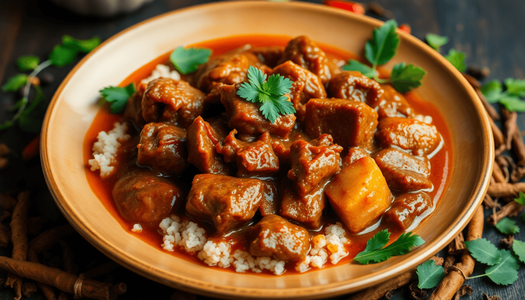 A beautifully plated serving of Rendang, rich and succulent, surrounded by traditional Indonesian spices and herbs, warm lighting highlighting the textures and colors, realistic style, inviting and appetizing atmosphere..