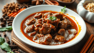 A beautifully plated serving of Rendang, rich and aromatic, surrounded by traditional Indonesian spices and herbs, warm lighting, realistic style, evoking the ease and delight of ready-to-eat authentic cuisine..