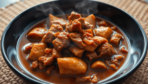 A beautifully plated serving of Rendang, rich and aromatic, steam rising gently, vibrant colors highlighting the tender meat and spices, arranged on a traditional Indonesian woven placemat, hyper-realistic digital art style, inviting and wholesome atmosphere..