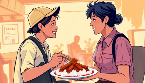 A vibrant digital art illustration of a traveler and an office worker sharing a moment over a plate of rendang, blending everyday reality with rich cultural elements, warm color palette, detailed textures, realistic style..