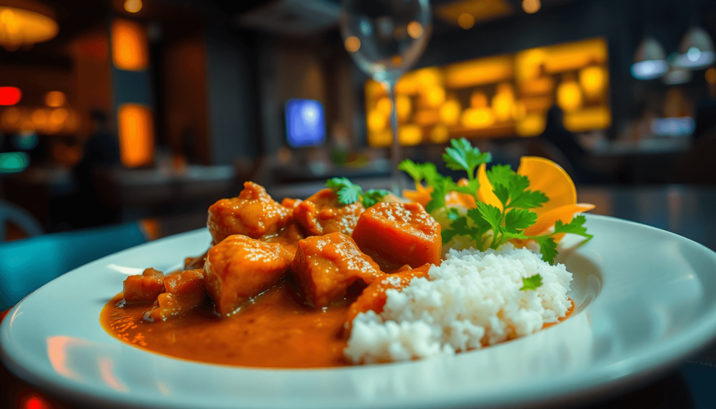 A beautifully plated serving of Rendang, rich and aromatic, showcasing the vibrant flavors of Nusantara cuisine, set in a lively, modern club atmosphere with dynamic lighting and subtle motion blur, digital art style..